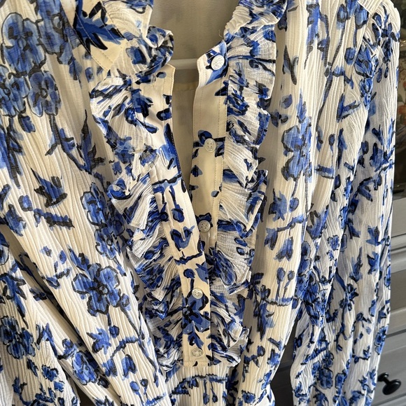 Tory Burch Blue and White Floral Ruffle Blouse - Picture 3 of 7